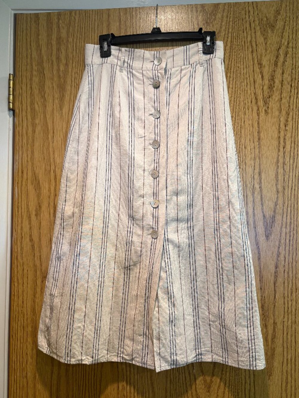 MOHAN Linen Blend Button Front Midi Skirt Striped Korean Designer Size M